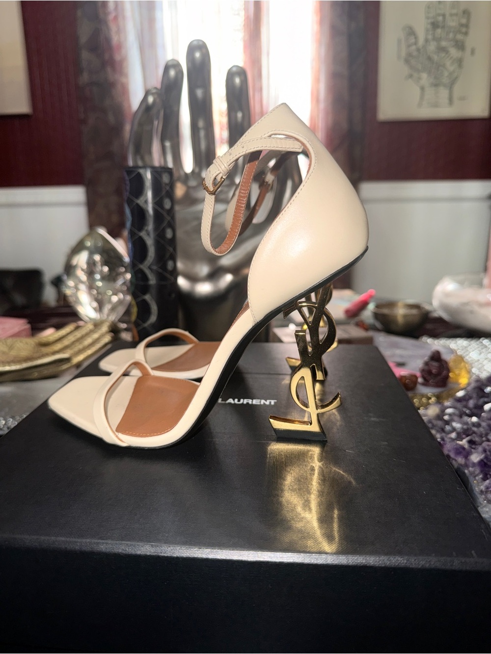 Saint Laurent Cream Leather Sandals with Gold YSL Sculptural Heels - Picture 2 of 4